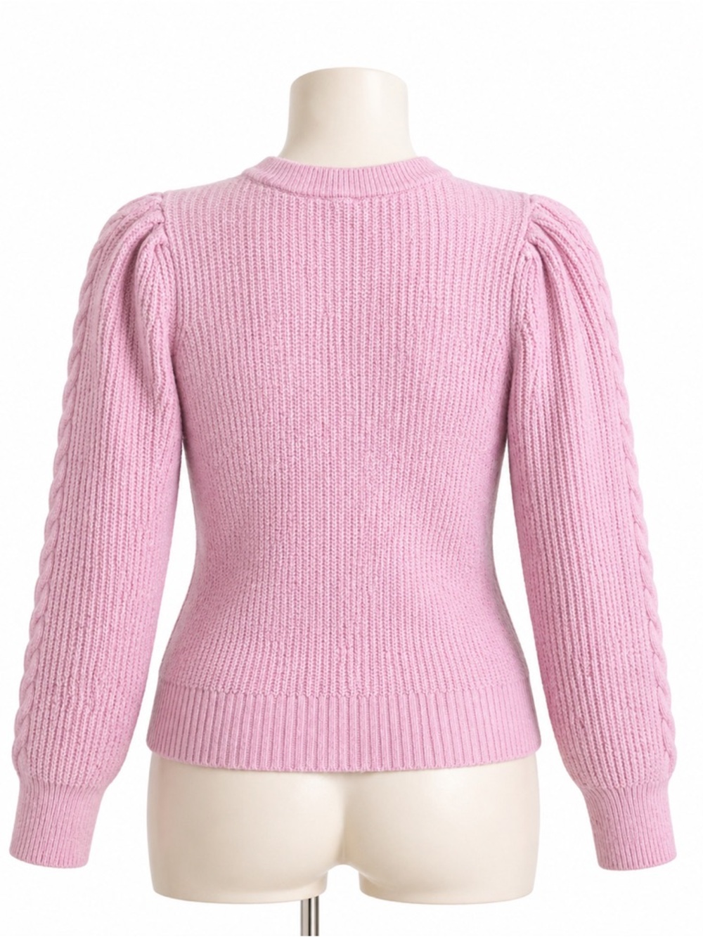 Crown & Ivy Pink Cable Knit Sweater Women’s Large Puff Sleeve Crewneck - Picture 2 of 10